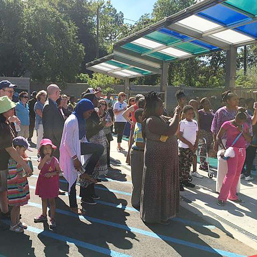 Colorful polycarbonate canopies Community grand opening of new library